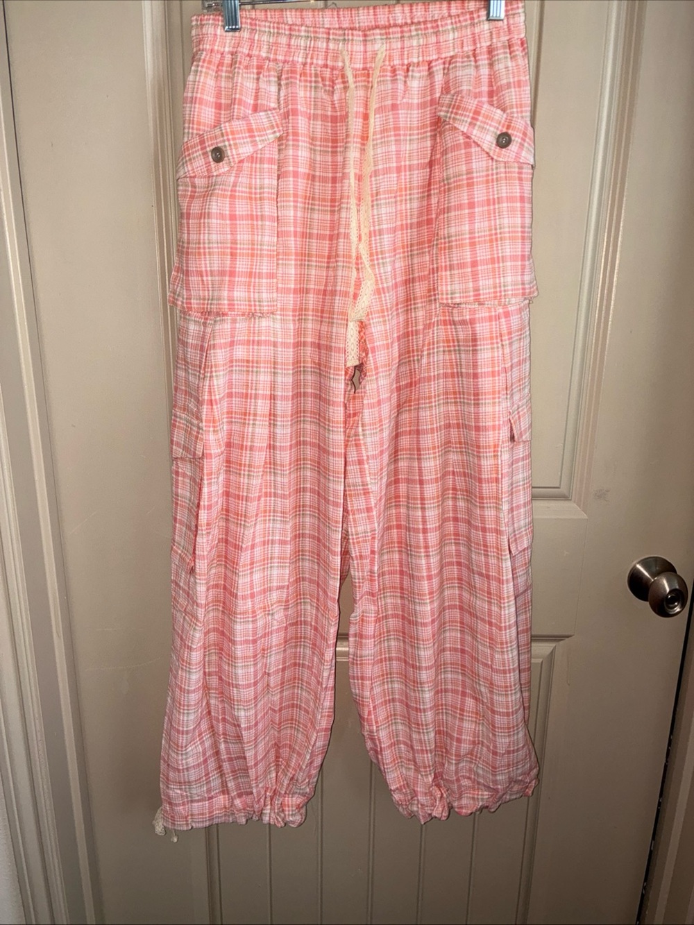 Fantastic Fawn Pink Plaid Cargo Track Pants